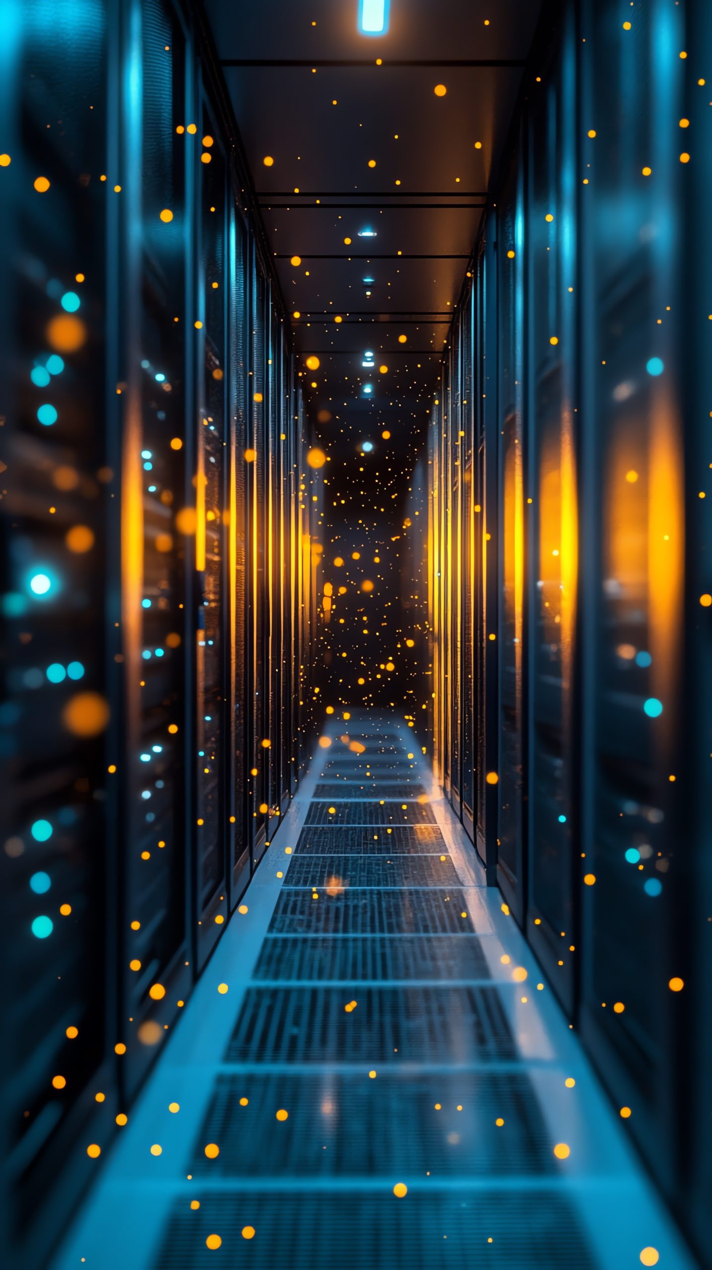 Abstract view of a server room hallway with yellow and blue lights. Abstract view of a server room hallway with yellow and blue lights.